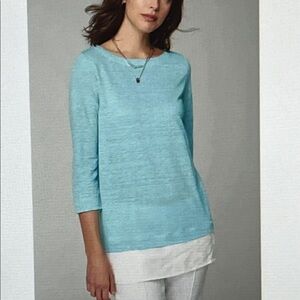 J. Jill Love Linen  100% Linen Blue White Layered Look Tunic‎ Top lagenlook